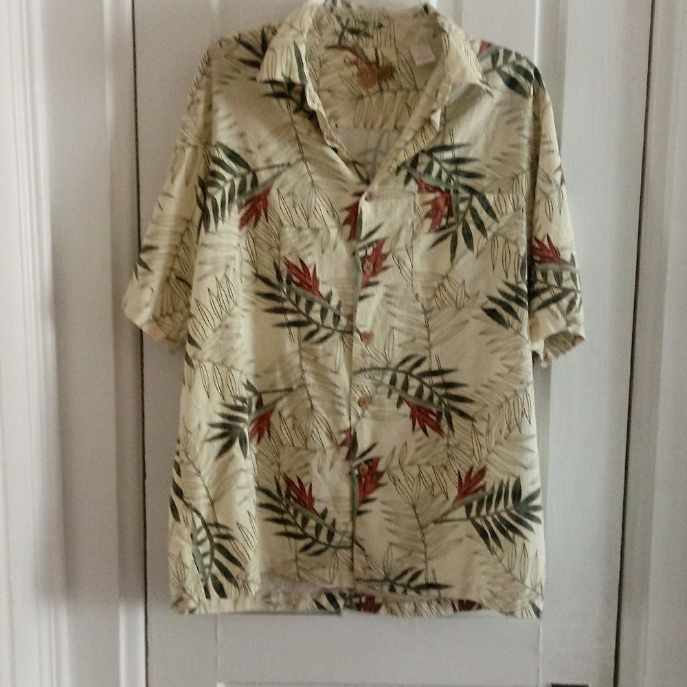 Vintage Caribbean Men's Hawaiian Floral Print Cotton Silk Blend Shirt Size Large
